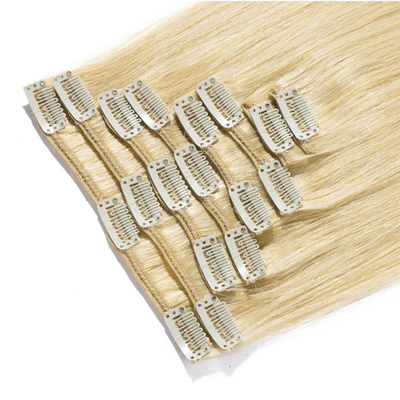 100% menschliches Haar Clip in Haarverlängerungen und weiche glänzende keine Verwicklung 613 / 24 Farbe