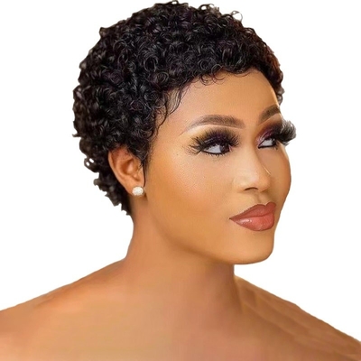 250% Dichte Pixie Schnitt lockiges menschliches Haar Perücke mit Schweizer Spitze Basismaterial