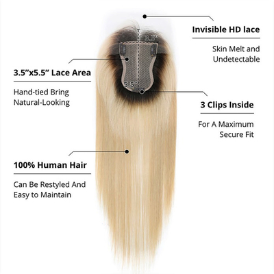 Silk Base European Ash Blonde Straight Clip On Human Hair Topper mit Hd Spitze für Frauen
