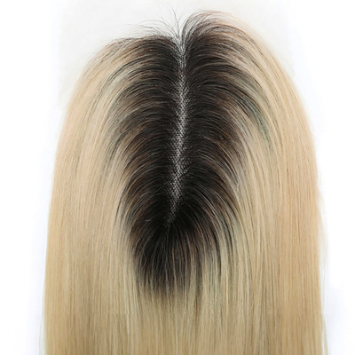 Silk Base European Ash Blonde Straight Clip On Human Hair Topper mit Hd Spitze für Frauen