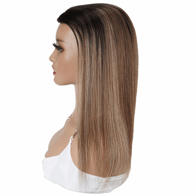 8-22 Zoll Länge Handgebundene Spitze Vorderseite und Gewebe Hohlnetz Braune Balayage menschliches Haar