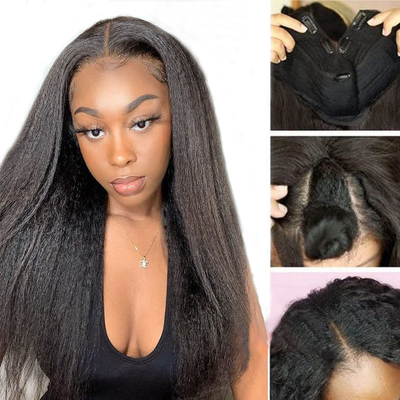 Perücken Länge Lange V Teil Kleberlos Afro Kinky Gerade menschliche Haare Perücke 250% Dichte
